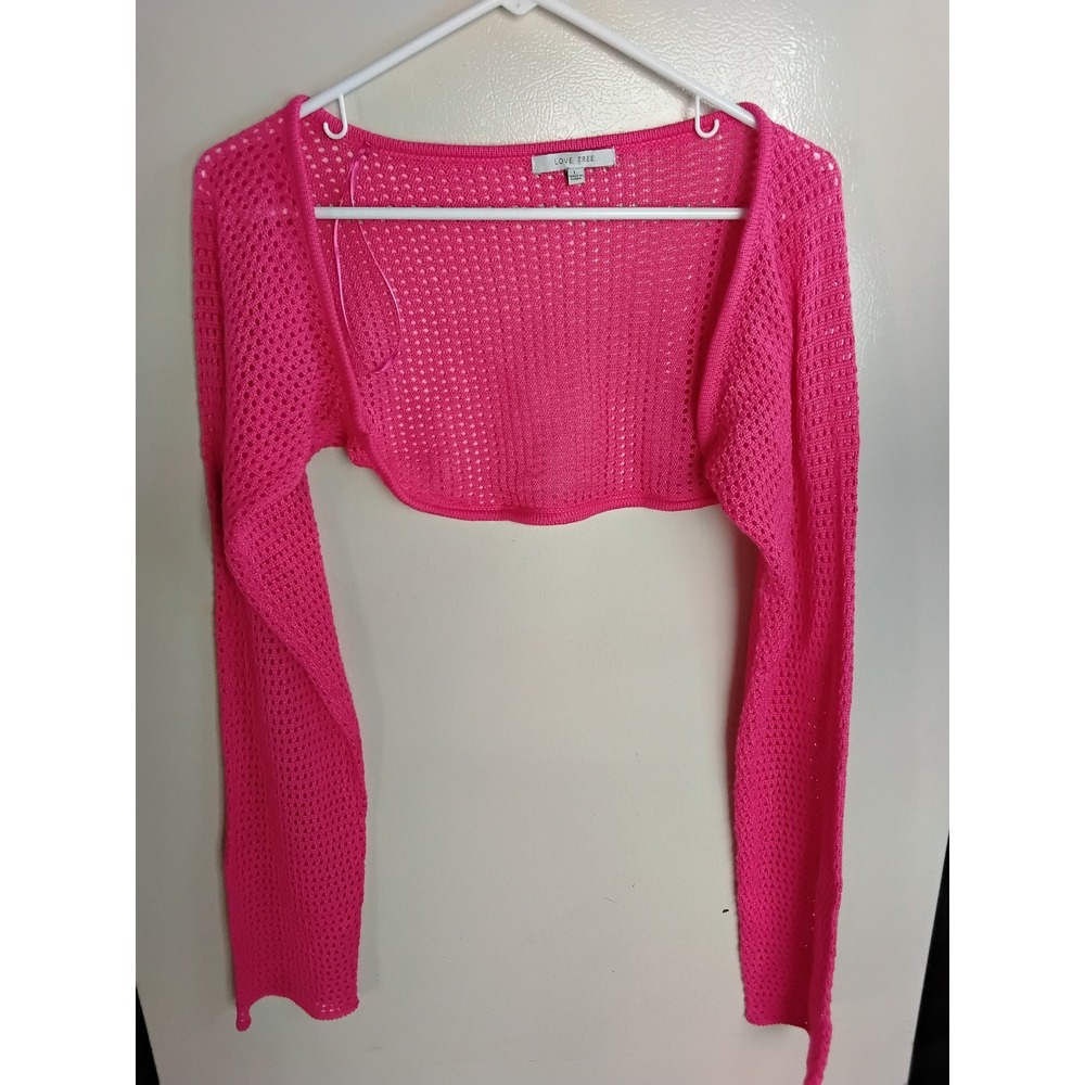 Love Tree Womens Hot Pink Crochet Knit Shrug Bolero Open Mesh Cropped Sweater L